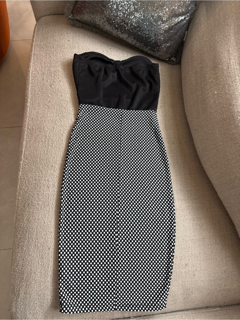Strapless Black & White Polka Midi Dress
